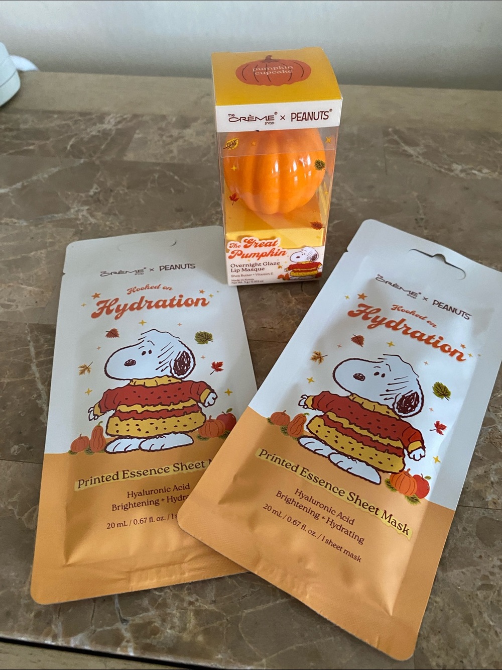 Creme Shop Peanuts Pumpkin Lip Mask & 2 Snoopy Hydration Sheet Mask Sets NWT